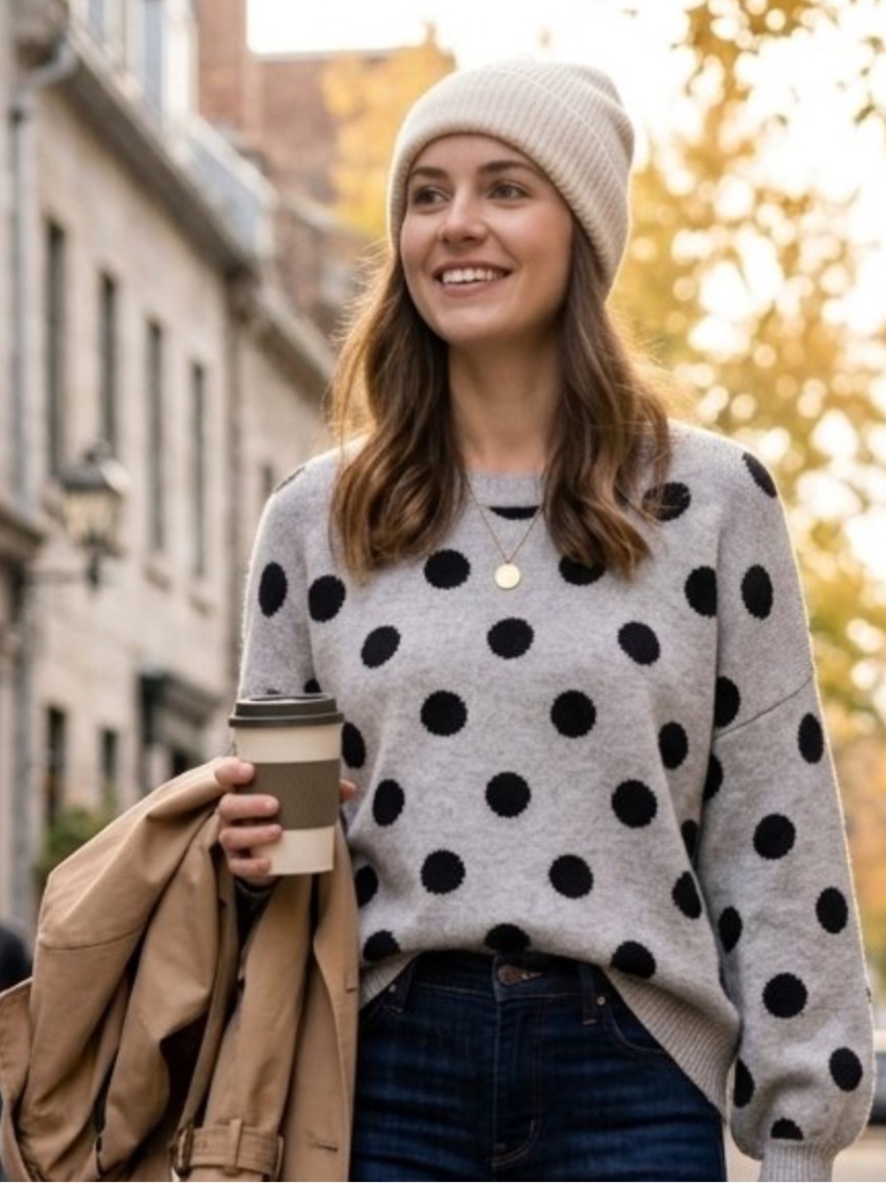 Cozy Polka Dot Crewneck Sweater - Gray with Black Dots